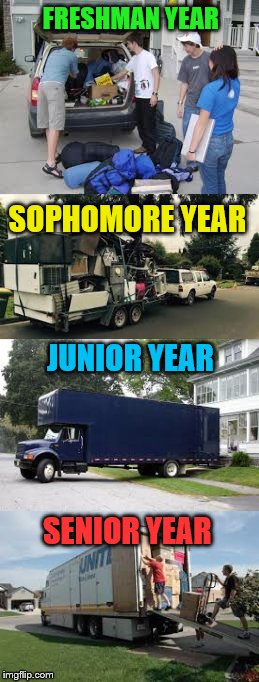 Packing for College | FRESHMAN YEAR; SOPHOMORE YEAR; JUNIOR YEAR; SENIOR YEAR | image tagged in packing for college,more stuff | made w/ Imgflip meme maker