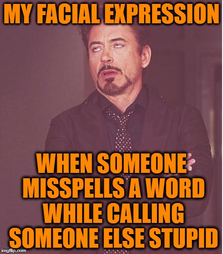 Face You Make Robert Downey Jr Meme | MY FACIAL EXPRESSION WHEN SOMEONE MISSPELLS A WORD WHILE CALLING SOMEONE ELSE STUPID | image tagged in memes,face you make robert downey jr | made w/ Imgflip meme maker