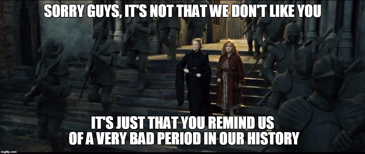 Meanwhile at Hogwarts | SORRY GUYS, IT'S NOT THAT WE DON'T LIKE YOU; IT'S JUST THAT YOU REMIND US OF A VERY BAD PERIOD IN OUR HISTORY | image tagged in hogwarts statues | made w/ Imgflip meme maker