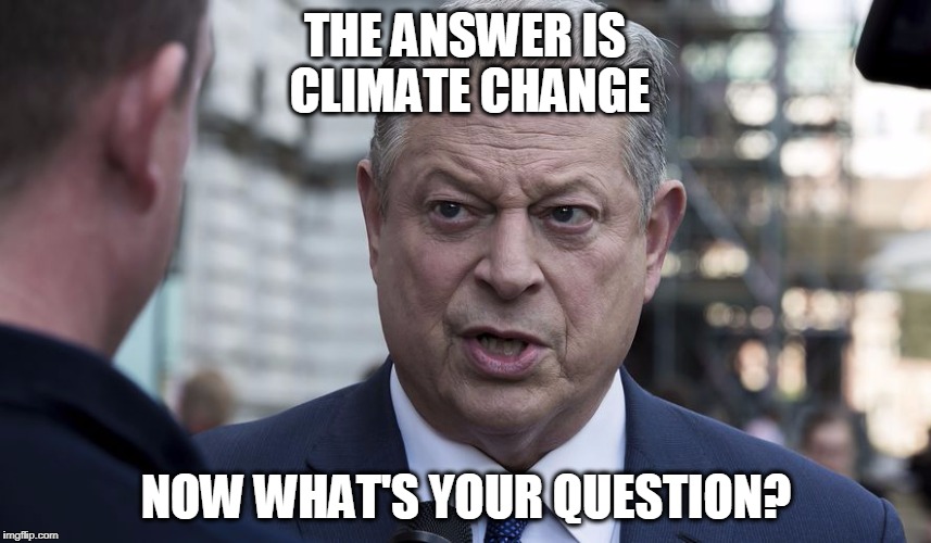THE ANSWER IS CLIMATE CHANGE; NOW WHAT'S YOUR QUESTION? | image tagged in al gore | made w/ Imgflip meme maker