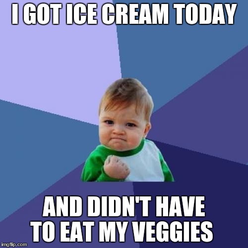 ICE CREAM!!!!! | I GOT ICE CREAM TODAY; AND DIDN'T HAVE TO EAT MY VEGGIES | image tagged in memes,success kid | made w/ Imgflip meme maker