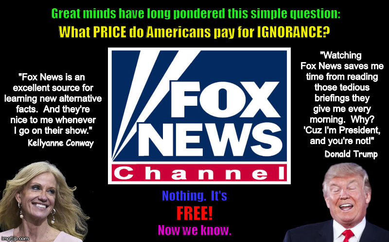 What Price Do Americans Pay for Ignorance? | image tagged in donald trump,kellyanne conway,fox news,cost of ignorance,funny,alternative facts | made w/ Imgflip meme maker