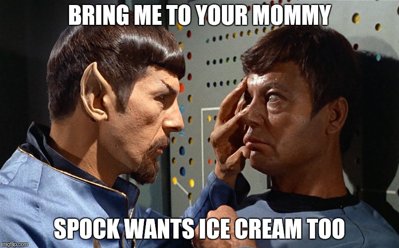 spock n bones | BRING ME TO YOUR MOMMY SPOCK WANTS ICE CREAM TOO | image tagged in spock n bones | made w/ Imgflip meme maker