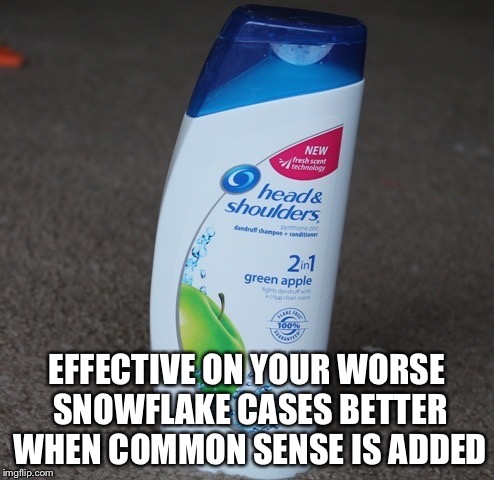 head and shoulders | EFFECTIVE ON YOUR WORSE SNOWFLAKE CASES BETTER WHEN COMMON SENSE IS ADDED | image tagged in head and shoulders | made w/ Imgflip meme maker