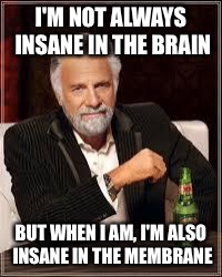 The Most Interesting Man In The World Meme | I'M NOT ALWAYS INSANE IN THE BRAIN; BUT WHEN I AM, I'M ALSO INSANE IN THE MEMBRANE | image tagged in i don't always | made w/ Imgflip meme maker