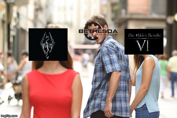 E3 2017 be like | image tagged in guy checking out a girl,skyrim,bethesda,elder scrolls 6 | made w/ Imgflip meme maker