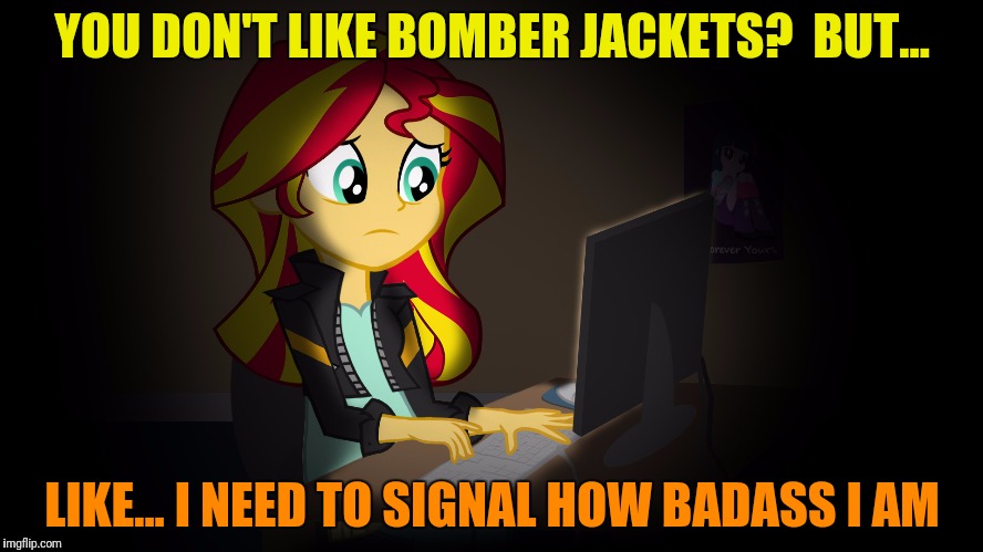 OneDoesNotSimplyFuckWithSunsetsFacebook | YOU DON'T LIKE BOMBER JACKETS?  BUT... LIKE... I NEED TO SIGNAL HOW BADASS I AM | image tagged in onedoesnotsimplyfuckwithsunsetsfacebook | made w/ Imgflip meme maker