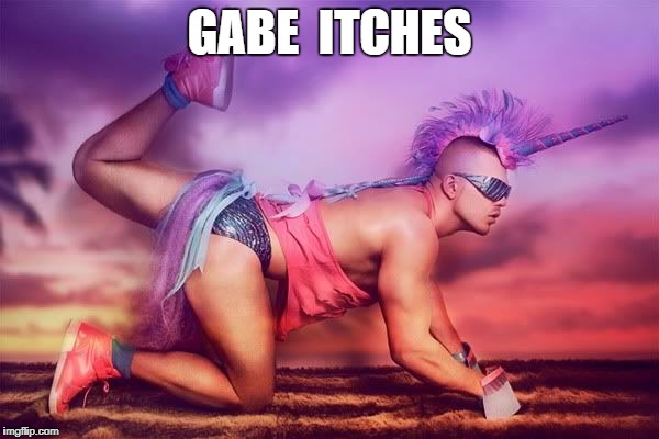 Gabe Itches | GABE  ITCHES | image tagged in unicorn,man,pink,glitter | made w/ Imgflip meme maker