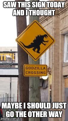 Godzilla Crossing | SAW THIS SIGN TODAY AND I THOUGHT; MAYBE I SHOULD JUST GO THE OTHER WAY | image tagged in godzilla crossing | made w/ Imgflip meme maker