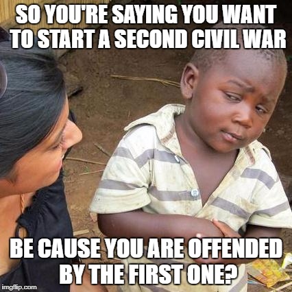 can't we all just get along | SO YOU'RE SAYING YOU WANT TO START A SECOND CIVIL WAR; BE CAUSE YOU ARE OFFENDED BY THE FIRST ONE? | image tagged in memes,third world skeptical kid | made w/ Imgflip meme maker