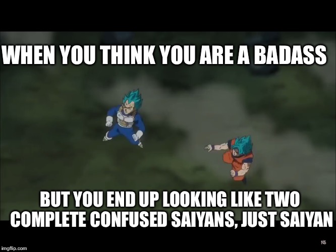 Badass to Complete confusion | WHEN YOU THINK YOU ARE
A BADASS; BUT YOU END UP LOOKING LIKE TWO COMPLETE CONFUSED SAIYANS, JUST SAIYAN | image tagged in super saiyan,dragon ball super,confused | made w/ Imgflip meme maker