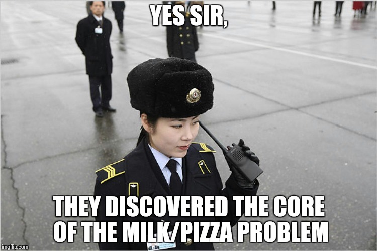 north korea | YES SIR, THEY DISCOVERED THE CORE OF THE MILK/PIZZA PROBLEM | image tagged in north korea | made w/ Imgflip meme maker