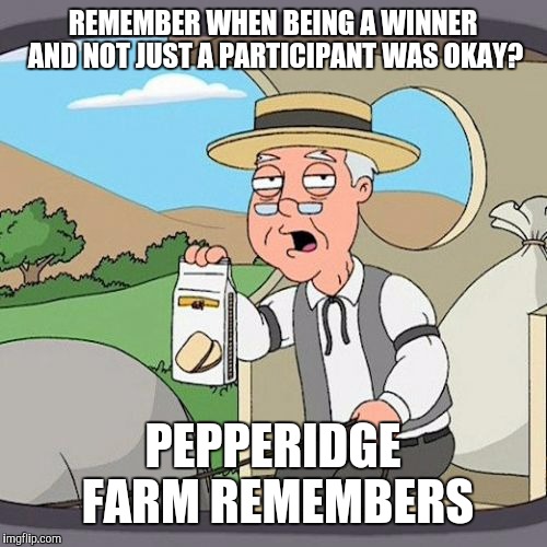 Pepperidge Farm Remembers | REMEMBER WHEN BEING A WINNER AND NOT JUST A PARTICIPANT WAS OKAY? PEPPERIDGE FARM REMEMBERS | image tagged in memes,pepperidge farm remembers | made w/ Imgflip meme maker