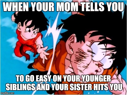 WHEN YOUR MOM TELLS YOU; TO GO EASY ON YOUR YOUNGER SIBLINGS AND YOUR SISTER HITS YOU | image tagged in pan punching gohan,gohan,dragon ball z,funny memes,siblings | made w/ Imgflip meme maker