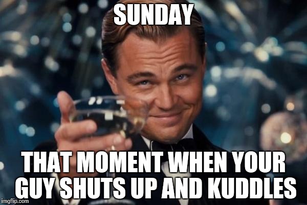 Leonardo Dicaprio Cheers | SUNDAY; THAT MOMENT WHEN YOUR GUY SHUTS UP AND KUDDLES | image tagged in memes,leonardo dicaprio cheers | made w/ Imgflip meme maker