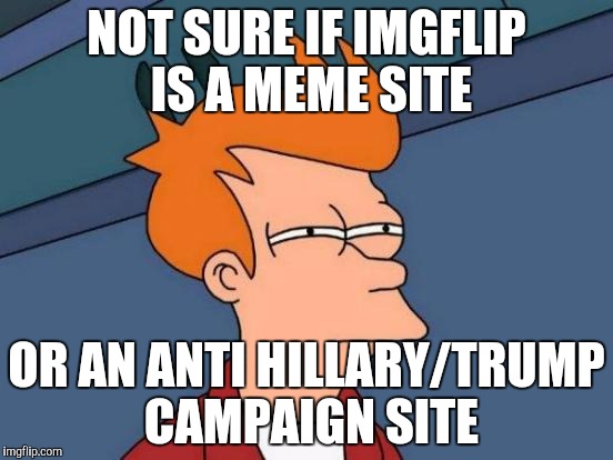 Futurama Fry | NOT SURE IF IMGFLIP IS A MEME SITE; OR AN ANTI HILLARY/TRUMP CAMPAIGN SITE | image tagged in memes,futurama fry | made w/ Imgflip meme maker