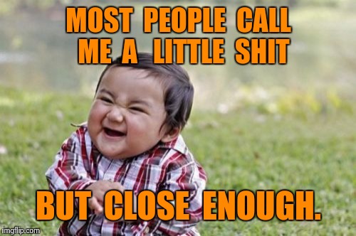 Evil Toddler Meme | MOST  PEOPLE  CALL  ME  A 
 LITTLE  SHIT BUT  CLOSE  ENOUGH. | image tagged in memes,evil toddler | made w/ Imgflip meme maker