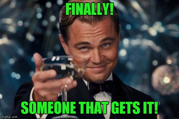 Leonardo Dicaprio Cheers Meme | FINALLY! SOMEONE THAT GETS IT! | image tagged in memes,leonardo dicaprio cheers | made w/ Imgflip meme maker
