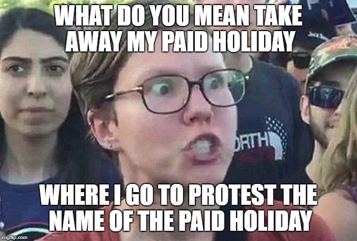 Don't like Christopher Columbus? But like Columbus holiday? | WHAT DO YOU MEAN TAKE AWAY MY PAID HOLIDAY; WHERE I GO TO PROTEST THE NAME OF THE PAID HOLIDAY | image tagged in triggered liberal,memes,triggered,columbus day | made w/ Imgflip meme maker