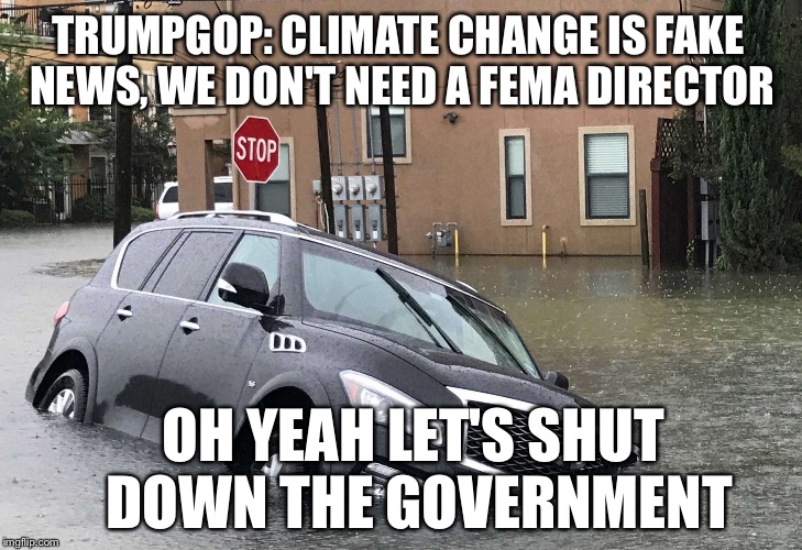 Harvey Houston | TRUMPGOP: CLIMATE CHANGE IS FAKE NEWS, WE DON'T NEED A FEMA DIRECTOR; OH YEAH LET'S SHUT DOWN THE GOVERNMENT | image tagged in harvey houston | made w/ Imgflip meme maker