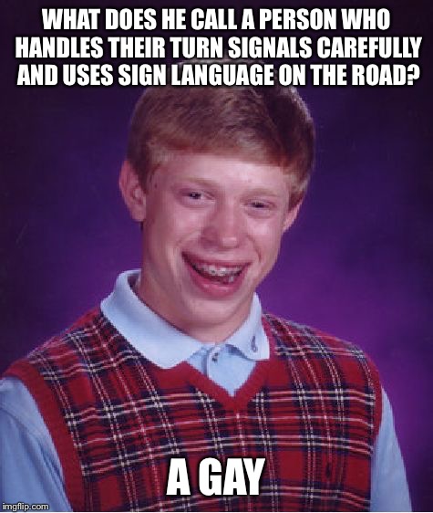 Brian's answer: | WHAT DOES HE CALL A PERSON WHO HANDLES THEIR TURN SIGNALS CAREFULLY AND USES SIGN LANGUAGE ON THE ROAD? A GAY | image tagged in memes,bad luck brian | made w/ Imgflip meme maker