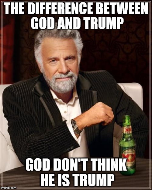 The Most Interesting Man In The World | THE DIFFERENCE BETWEEN GOD AND TRUMP; GOD DON'T THINK HE IS TRUMP | image tagged in memes,the most interesting man in the world | made w/ Imgflip meme maker
