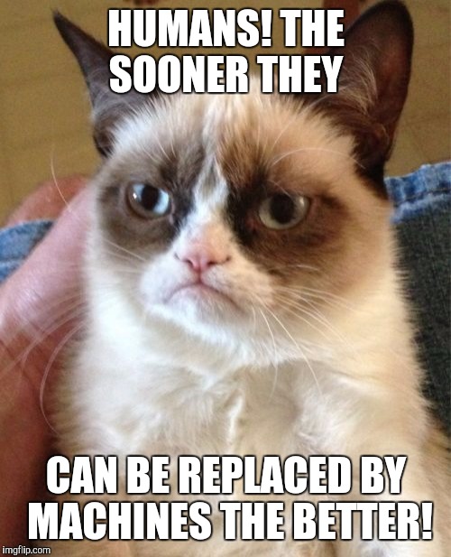 Grumpy Cat Meme | HUMANS! THE SOONER THEY CAN BE REPLACED BY MACHINES THE BETTER! | image tagged in memes,grumpy cat | made w/ Imgflip meme maker