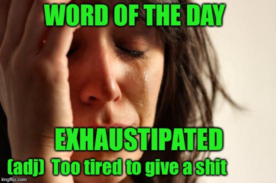 Word of the Day | WORD OF THE DAY; EXHAUSTIPATED; (adj)  Too tired to give a shit | image tagged in memes,first world problems,exhaustipated,repost | made w/ Imgflip meme maker