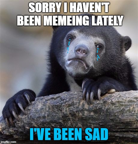 I feel like I've let people down but I don't think many noticed | SORRY I HAVEN'T BEEN MEMEING LATELY; I'VE BEEN SAD | image tagged in memes,confession bear | made w/ Imgflip meme maker