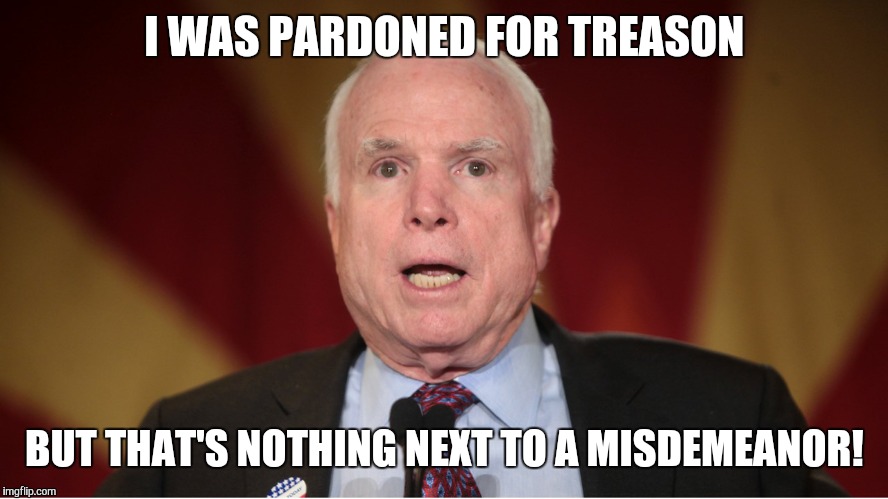 I WAS PARDONED FOR TREASON; BUT THAT'S NOTHING NEXT TO A MISDEMEANOR! | image tagged in sen john mccain | made w/ Imgflip meme maker