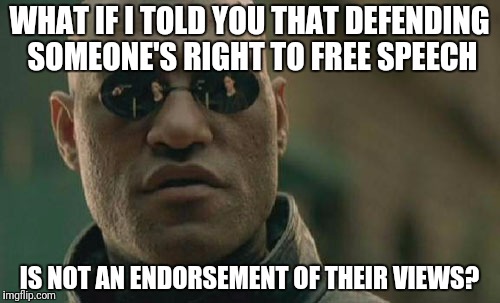 Matrix Morpheus | WHAT IF I TOLD YOU THAT DEFENDING SOMEONE'S RIGHT TO FREE SPEECH; IS NOT AN ENDORSEMENT OF THEIR VIEWS? | image tagged in memes,matrix morpheus | made w/ Imgflip meme maker