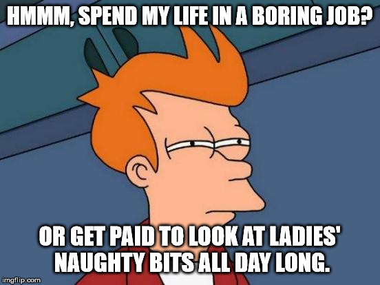 Futurama Fry Meme | HMMM, SPEND MY LIFE IN A BORING JOB? OR GET PAID TO LOOK AT LADIES' NAUGHTY BITS ALL DAY LONG. | image tagged in memes,futurama fry | made w/ Imgflip meme maker