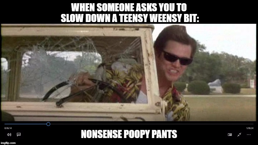 WHEN SOMEONE ASKS YOU TO SLOW DOWN A TEENSY WEENSY BIT:; NONSENSE POOPY PANTS | image tagged in poopy pants | made w/ Imgflip meme maker