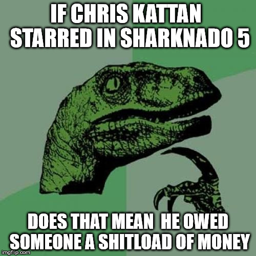 Philosoraptor Meme | IF CHRIS KATTAN  STARRED IN SHARKNADO 5; DOES THAT MEAN  HE OWED SOMEONE A SHITLOAD OF MONEY | image tagged in memes,philosoraptor | made w/ Imgflip meme maker