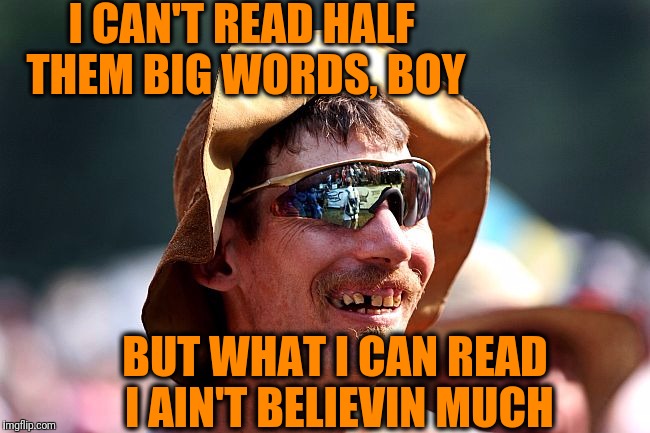 I CAN'T READ HALF THEM BIG WORDS, BOY BUT WHAT I CAN READ I AIN'T BELIEVIN MUCH | image tagged in redneck | made w/ Imgflip meme maker