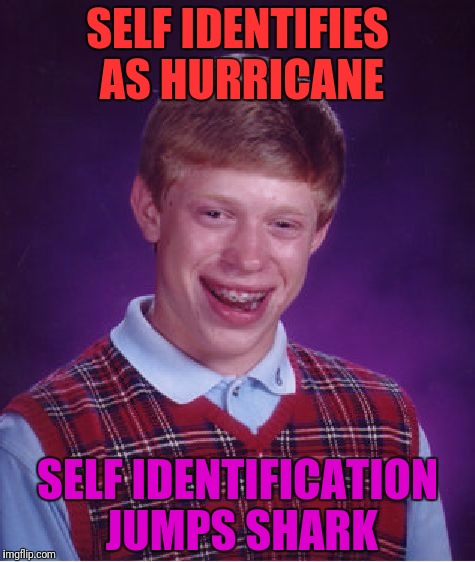 Bad Luck Brian Meme | SELF IDENTIFIES AS HURRICANE SELF IDENTIFICATION JUMPS SHARK | image tagged in memes,bad luck brian | made w/ Imgflip meme maker