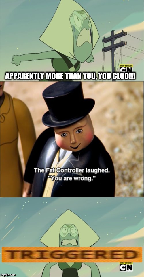 The Fat Controller has Life | APPARENTLY MORE THAN YOU, YOU CLOD!!! | image tagged in the fat controller,peridot,triggered | made w/ Imgflip meme maker