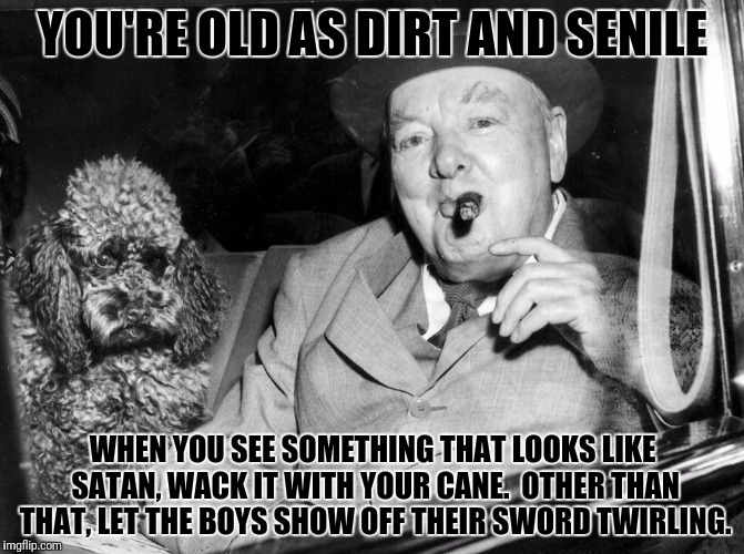 YOU'RE OLD AS DIRT AND SENILE WHEN YOU SEE SOMETHING THAT LOOKS LIKE SATAN, WACK IT WITH YOUR CANE.  OTHER THAN THAT, LET THE BOYS SHOW OFF  | made w/ Imgflip meme maker