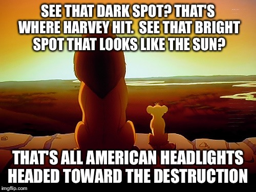 Lion King Meme | SEE THAT DARK SPOT? THAT'S WHERE HARVEY HIT. 
SEE THAT BRIGHT SPOT THAT LOOKS LIKE THE SUN? THAT'S ALL AMERICAN HEADLIGHTS HEADED TOWARD THE DESTRUCTION | image tagged in memes,lion king | made w/ Imgflip meme maker