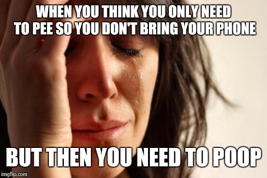 First World Problems | WHEN YOU THINK YOU ONLY NEED TO PEE SO YOU DON'T BRING YOUR PHONE; BUT THEN YOU NEED TO POOP | image tagged in memes,first world problems | made w/ Imgflip meme maker