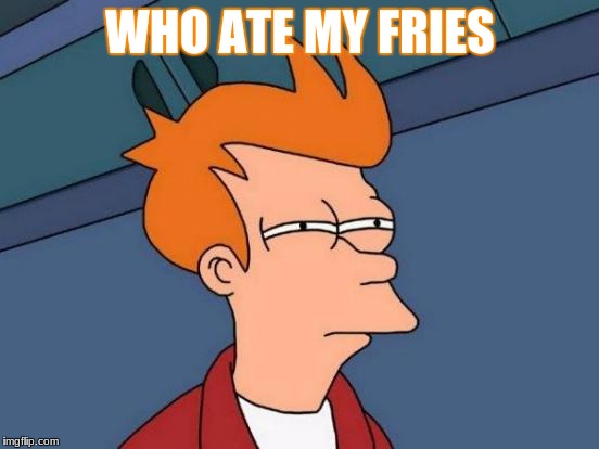 Futurama Fry Meme | WHO ATE MY FRIES | image tagged in memes,futurama fry | made w/ Imgflip meme maker