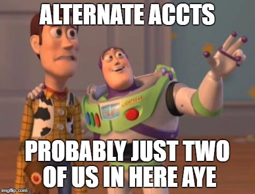 X, X Everywhere Meme | ALTERNATE ACCTS PROBABLY JUST TWO OF US IN HERE AYE | image tagged in memes,x x everywhere | made w/ Imgflip meme maker