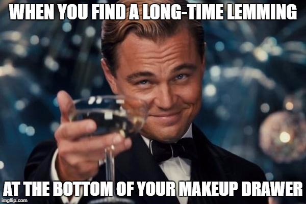 Leonardo Dicaprio Cheers | WHEN YOU FIND A LONG-TIME LEMMING; AT THE BOTTOM OF YOUR MAKEUP DRAWER | image tagged in memes,leonardo dicaprio cheers | made w/ Imgflip meme maker