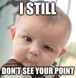 I STILL DON'T SEE YOUR POINT | image tagged in memes,skeptical baby | made w/ Imgflip meme maker
