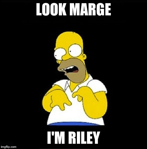 Homer Simpson Retarded | LOOK MARGE; I'M RILEY | image tagged in homer simpson retarded | made w/ Imgflip meme maker