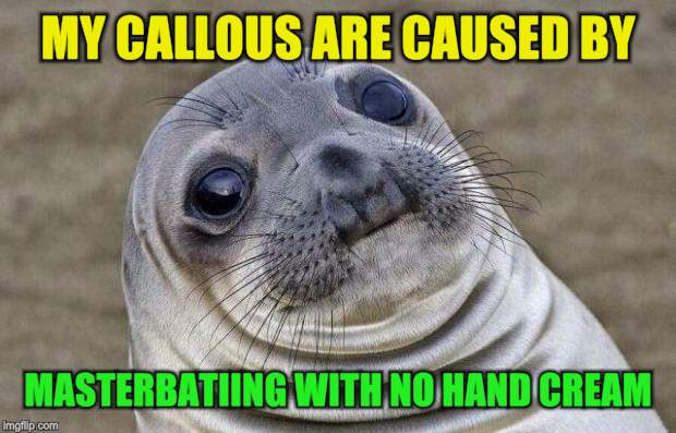 Awkward Moment Sealion Meme | MY CALLOUS ARE CAUSED BY MASTERBATIING WITH NO HAND CREAM | image tagged in memes,awkward moment sealion | made w/ Imgflip meme maker