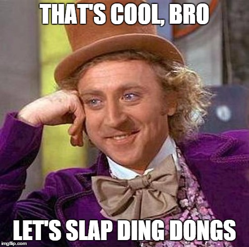 Creepy Condescending Wonka Meme | THAT'S COOL, BRO LET'S SLAP DING DONGS | image tagged in memes,creepy condescending wonka | made w/ Imgflip meme maker