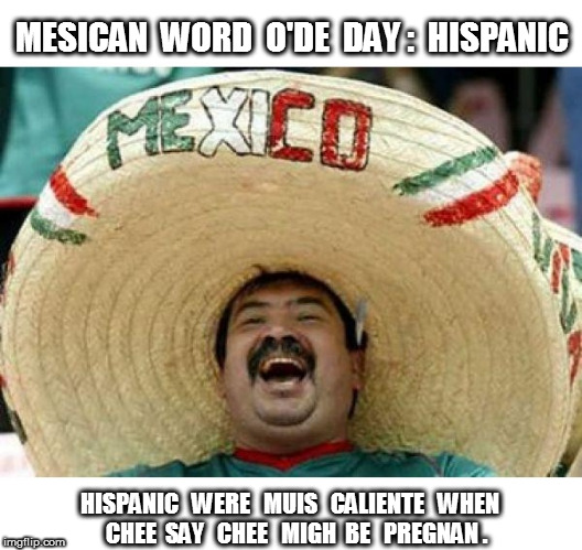 Mesican Word O'de Day: Hispanic | MESICAN  WORD  O'DE  DAY :  HISPANIC; HISPANIC   WERE   MUIS   CALIENTE   WHEN   CHEE  SAY   CHEE   MIGH  BE   PREGNAN . | image tagged in mexican word of the day | made w/ Imgflip meme maker