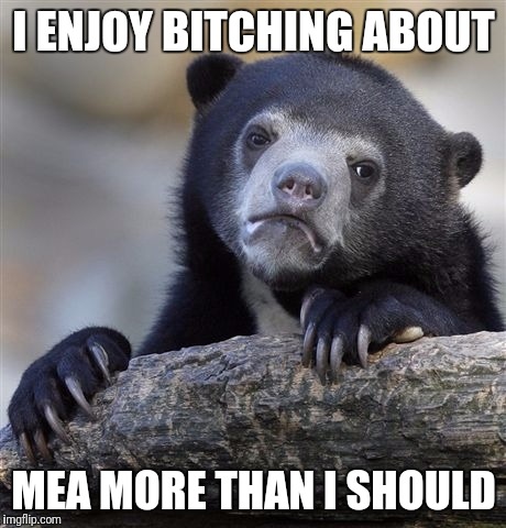 Confession Bear Meme | I ENJOY BITCHING ABOUT; MEA MORE THAN I SHOULD | image tagged in memes,confession bear | made w/ Imgflip meme maker