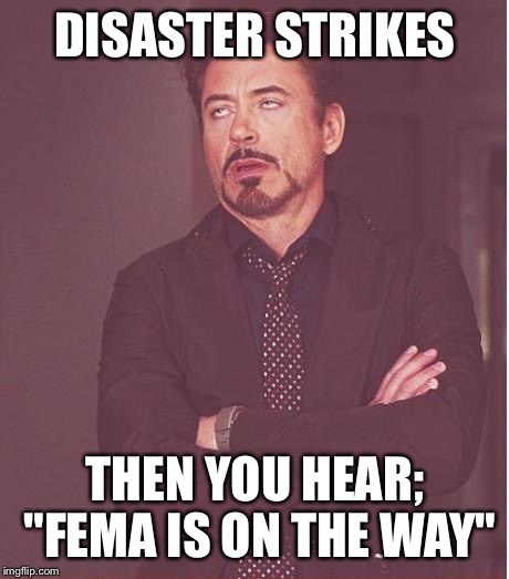 Face You Make Robert Downey Jr Meme | DISASTER STRIKES; THEN YOU HEAR; "FEMA IS ON THE WAY" | image tagged in memes,face you make robert downey jr | made w/ Imgflip meme maker